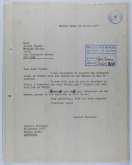 [Copia de carta de Ignacio Pirovano a Allene Talmey. Buenos Aires, 10 de  marzo de 1957]