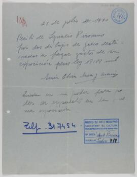 [Recibo emitido por María Elvira Mora y Araujo por la venta de dos dibujos de Alberto Greco a Ignacio Pirovano]