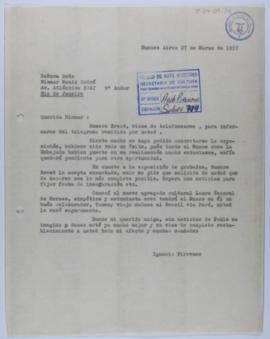 [Copia de carta de Ignacio Pirovano a Niomar Moniz Sodré. Buenos Aires, 27 de  marzo de 1957]