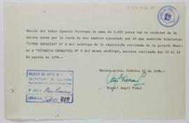 [Recibo emitido por Miguel Ángel Vidal donde consta el monto pagado por Ignacio Pirovano en concepto de quinta (sexta) cuota por las obras "Entre espacios no. 8" y  "Dinámica cromática Nº 9"]