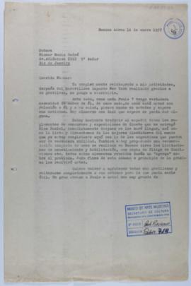 [Copia de carta de Ignacio Pirovano a Niomar Moniz Sodré. Buenos Aires, 14 de enero de 1957]