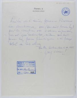 [Recibo emitido por Miguel Ángel Vidal donde consta el monto pagado por Ignacio Pirovano en concepto de cuota por las obras "Entre espacios no. 8" y  "Dinámica cromática Nº 9"]