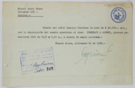 [Recibo emitido por Miguel Ángel Vidal donde consta el adelanto pagado por Ignacio Pirovano por la obra "Homenaje a Albers"]