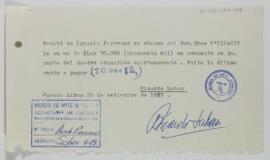 [Recibo emitido por Ricardo Laham donde consta el monto pagado por Ignacio Pirovano en concepto de tercera cuota por la compra de una obra]